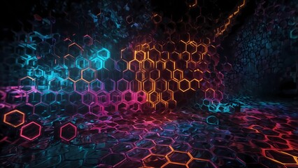 Naklejka premium Abstract Neon Hexagonal Grid Technology Background, Generative AI