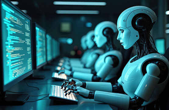 Humanoid robots collaborate in futuristic call center environment, intently focused on computer screens displaying code. Scene emphasizes advanced automation, artificial intelligence, modern digital