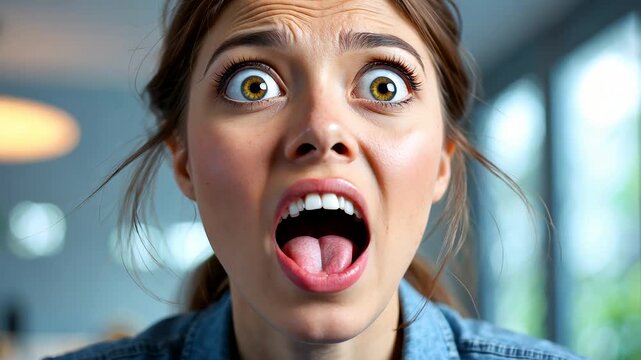 Young woman with wide open eyes and mouth expressing shock indoors with blurred background and natural light