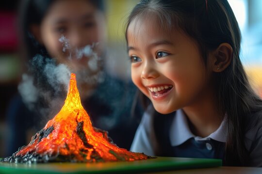 A joyful young girl observes a model volcano erupting, demonstrating science education.