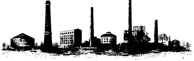 Obraz premium Industrial smoke stencil silhouettes: black and white urban design for posters