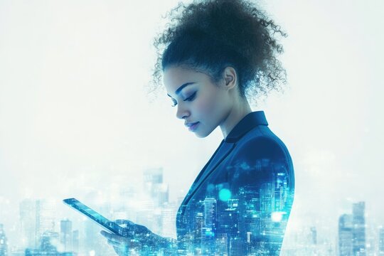 A young businesswoman uses a tablet, overlaid with a vibrant cityscape, symbolizing modern technology and urban ambition. - Powered by Adobe