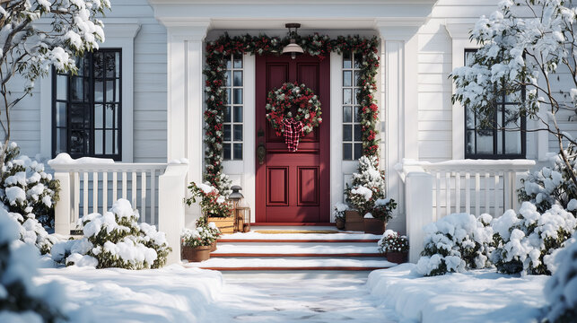 Red front door with Christmas wreath and snowy holiday decor