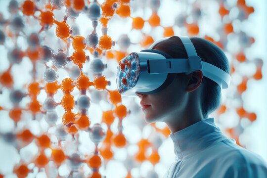 Scientist using VR headset to visualize and analyze a complex molecular structure.