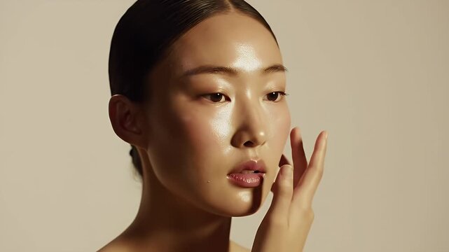 Beautiful Young Asian Woman with Radiant and Glistening Skin Gently Touching Her Face in a Soft Neutral Background Perfect for Skincare Advertisement and Beauty Product Presentation