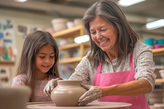 A grandmother and granddaughter joyfully create pottery together on a pottery wheel, sharing a special moment.