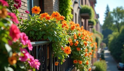Illustration of vibrant balcony garden bursting with colorful petunias, orange flowers. Rich green foliage cascades from containers on brick building facade. Urban apartment terrace landscaping