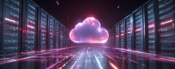 A futuristic data center featuring glowing cloud technology, with illuminated pathways leading to a vibrant cloud graphic amidst server racks.