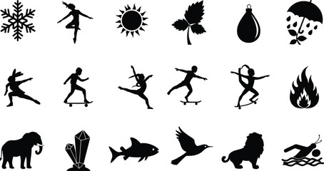 Black silhouette icons collection including snowflake, dancers, sun, nature, umbrella, skateboarders, fire, elephant, crystals, fish, bird, lion, swimming, outdoor activities