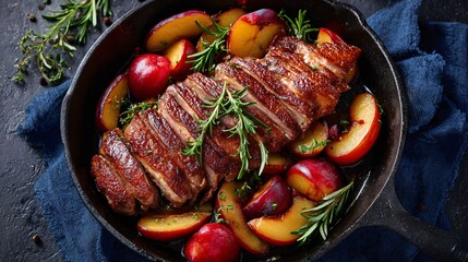 A skillet-roasted duck breast with roasted plums, top-down on navy linen, copy space bottom right
