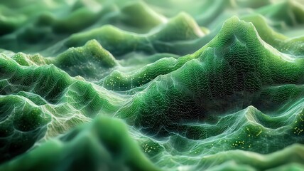 Abstract green landscape wth textured peaks and vallys, evoking a sense of deph and tranquility, perfectfor nature-themed designs nd wellness concepts.