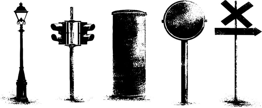 Urban street objects stencil set in black and white for art and design projects