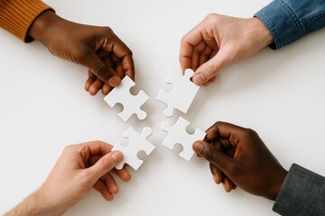 Collaboration in action with diverse hands joining together to solve a puzzle on a simple white table in a creative workspace