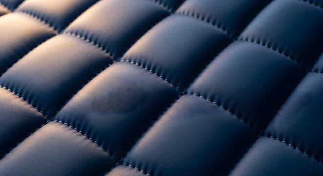 Close-up shot of a quilted leather surface, showcasing intricate stitching and a textured pattern.