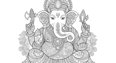 Intricate line art illustration of Lord Ganesha, the elephant-headed Hindu deity, in a seated, ornate pose with detailed traditional patterns.