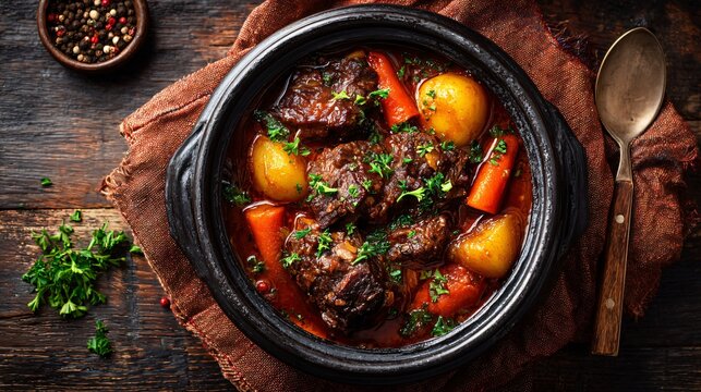 A warm-toned flat lay of oxtail stew with carrots and potatoes, placed on rust-colored fabric, top-right copy space