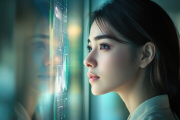 A young woman intently studies financial data displayed on a futuristic, transparent screen.