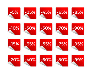 Red sticker with wrapped corner. Stickers with different discounts levels. Sale labels for informing about special offers. Vector images promotions and discounts bundle.
