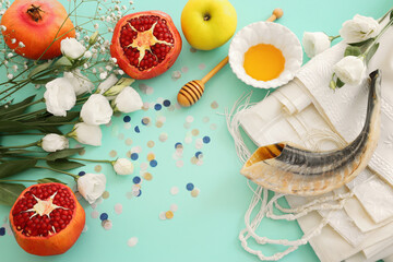 Rosh hashanah (jewish New Year holiday) concept. Traditional symbols