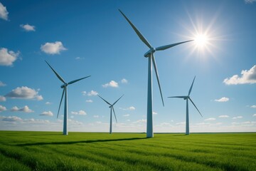 Wind turbines stand tall against a bright blue sky over lush green fields in a renewable energy landscape