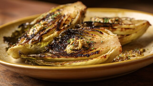 A warm-toned image of charred cabbage wedges with savory anchovy butter, mustard-yellow plate, copy space left