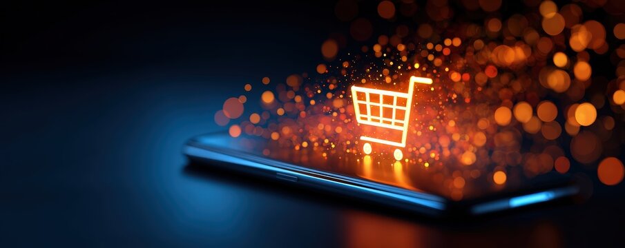 A glowing shopping cart icon emerges from a smartphone, surrounded by vibrant bokeh lights, symbolizing online shopping and digital commerce.