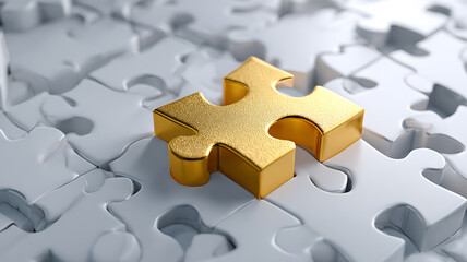 Fototapeta premium Golden Puzzle Piece: A Unique Solution Amongst Many White Jigsaw Pieces.