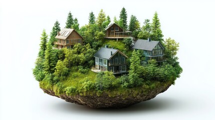 Floating Island Homes in Forest Scene, 3D Rendering for Real Estate or Nature Background