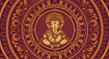 Intricate illustration of the Hindu deity Ganesha, seated within an ornate, circular mandala design.