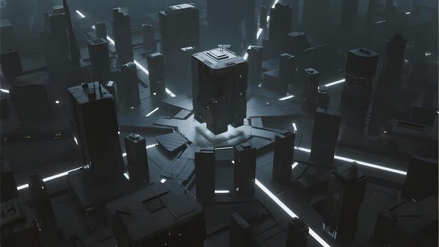 Futuristic Cityscape with Illuminated Structures and Hovering Platforms