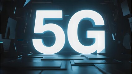 Illuminated '5G' text in a futuristic, high-tech environment