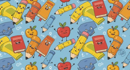 Cartoon School Supplies Pattern on Blue Background.