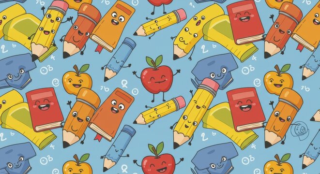 Cartoon School Supplies Pattern on Blue Background. - Powered by Adobe