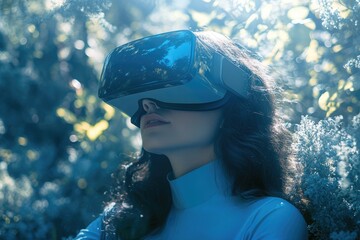 Woman wearing VR headset, immersed in a virtual forest environment, experiencing digital nature.