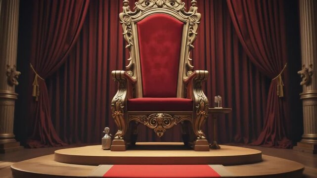 A royal throne sits on a high platform with a red carpet leading to it flanked by velvet curtains and ornate columns. 4k videos