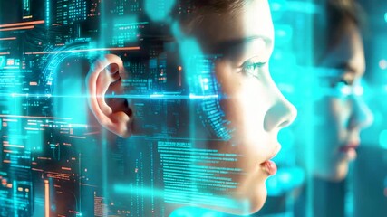 Profile of human face with glowing holographic data interface reflecting futuristic artificial intelligence concept - Powered by Adobe