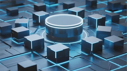 Futuristic Circular Hub Surrounded by Cubes with Blue Neon Lights