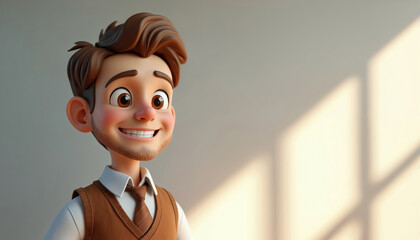 Animated 3D character portrait of happy man with brown hair, wearing white shirt, brown vest. Cheerful expression, wide smile, bright eyes convey friendliness, confidence. Sunlit wall background with
