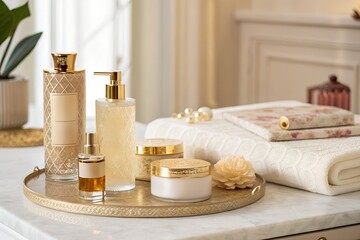 Elegant display of skincare products arranged on a stylish tray in a well-lit, modern bathroom setting during the day ai, skincare, beauty, products, tray, bathroom, modern, mockup, showcase