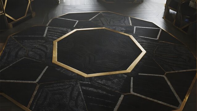 Geometric Patterned Floor with Black and Gold Hexagonal Tiles