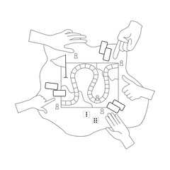 Creative board game hobbies. Human arms actively playing a tabletop game. Game elements like dice, cards, and pawns. Fun social activity. Vector illustration sstkTechnology Family Game Night