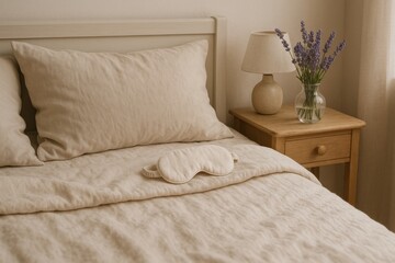 Soft bedding and calming decor create a serene atmosphere in a cozy bedroom with lavender accents and warm lighting