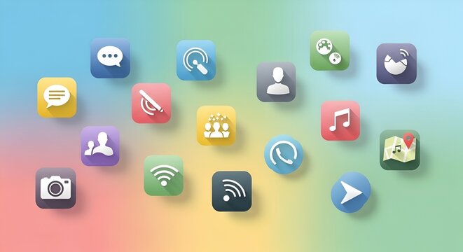 Various application icons arranged on a colorful gradient background in a modern and playful style - Powered by Adobe