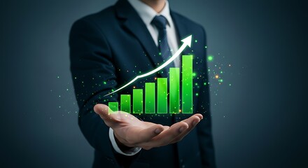 A businessman presents a green growth chart with an upward arrow, symbolizing business success, financial growth, and positive market trends in a professional and corporate setting
