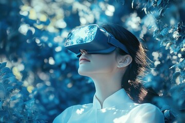 A woman wearing a VR headset, experiencing immersive virtual reality in a serene outdoor setting.