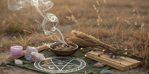 Gathering of natural elements for a spiritual ritual in a serene outdoor setting during sunset ai, spirituality, ritual, outdoor, incense, smoke, crystals, candles, greenery, evening, tranquility, nat