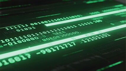 Digital Data Stream with Binary Code and Numerical Values Displayed on a Screen