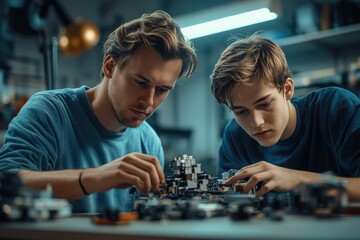 Two young men collaborate intently on assembling or repairing complex electronics in a workshop.