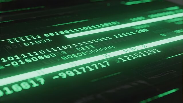 Digital Data Stream with Binary Code and Numerical Values Displayed on a Screen
