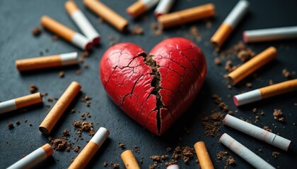 Broken red heart surrounded by cigarettes on dark surface. Smoking habit causes heart damage, emotional pain, and grief. This health warning concept promotes quitting tobacco for a healthier life.